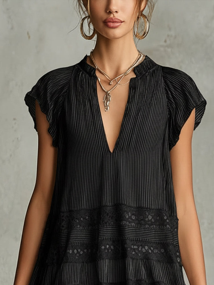 Black Striped Chiffon Lace-trimmed Ruffled Mini Dress