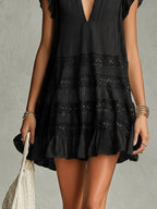 Black Striped Chiffon Lace-trimmed Ruffled Mini Dress