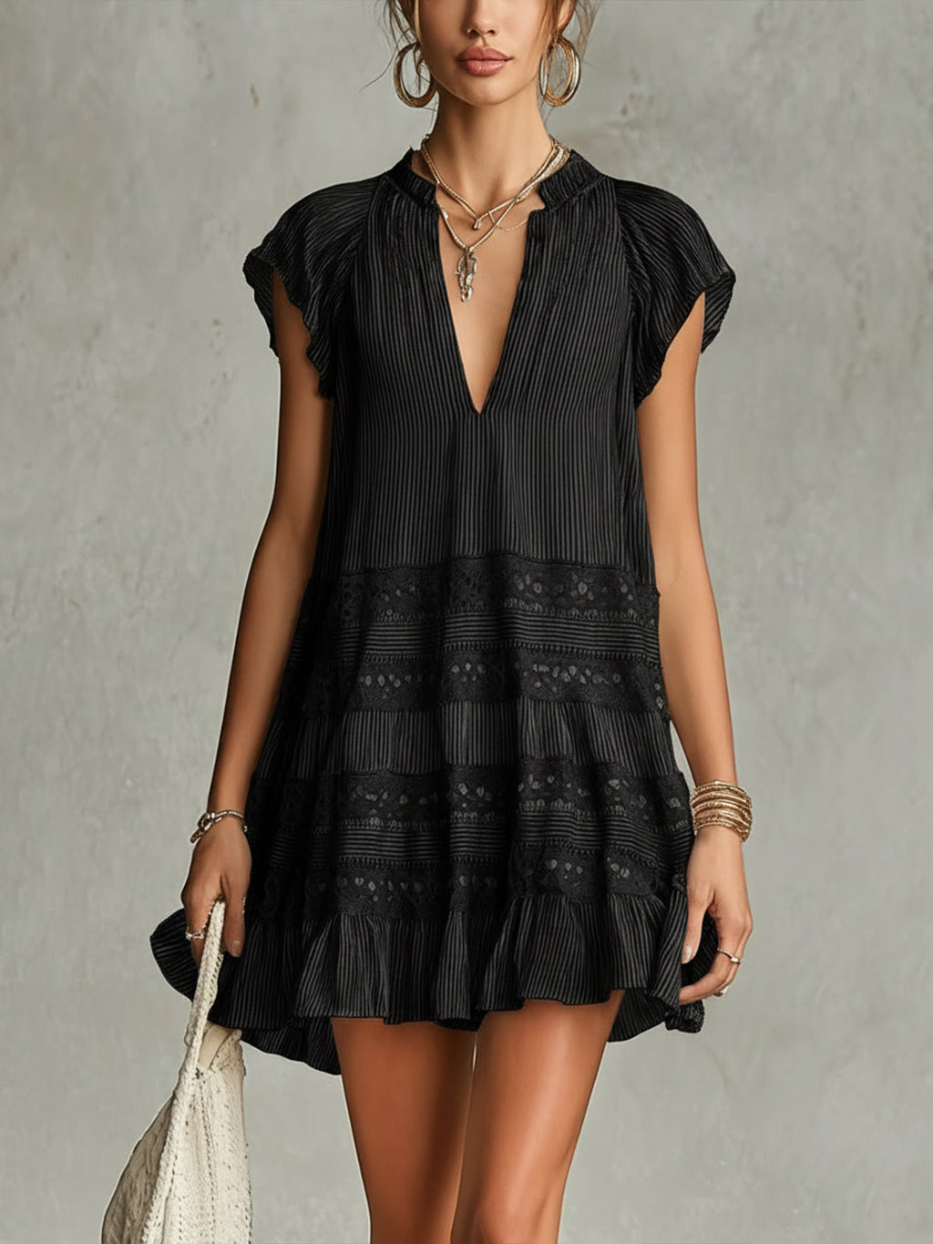 Black Striped Chiffon Lace-trimmed Ruffled Mini Dress
