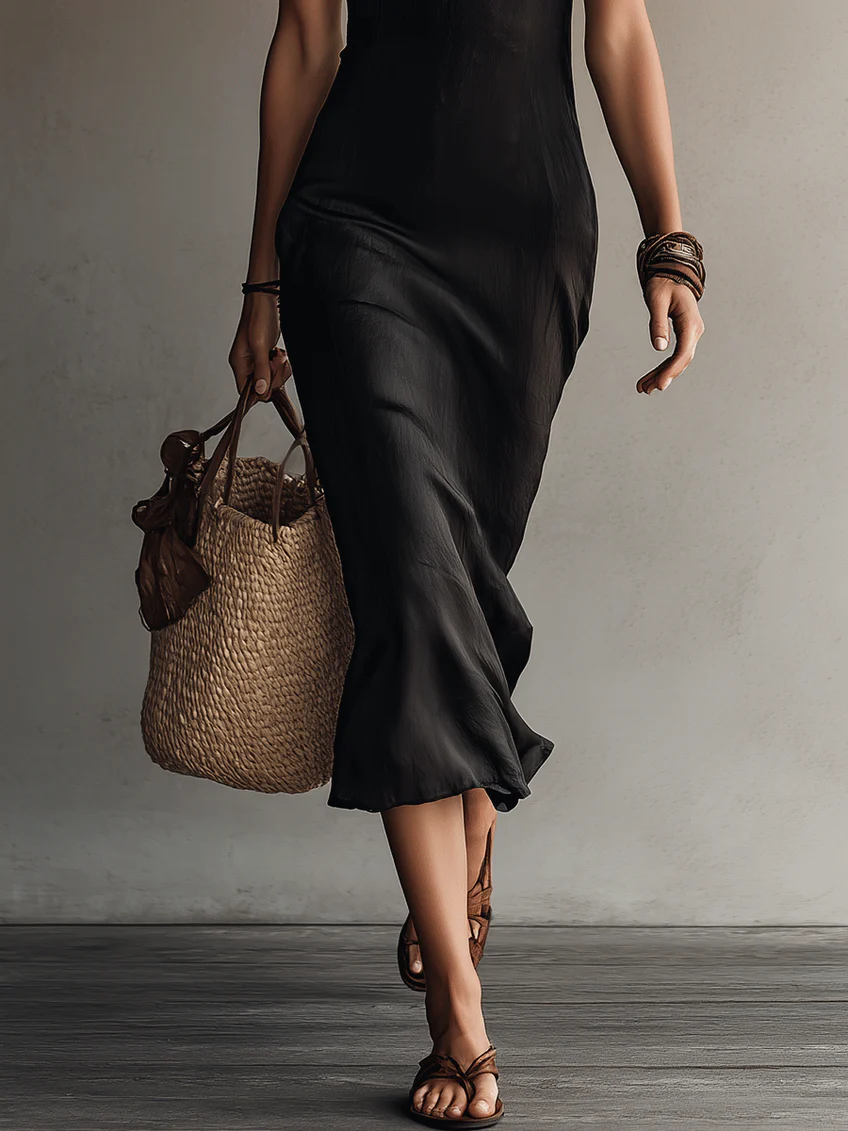 Bohemian Black Sleeveless Lace V-Neck Midi Dress