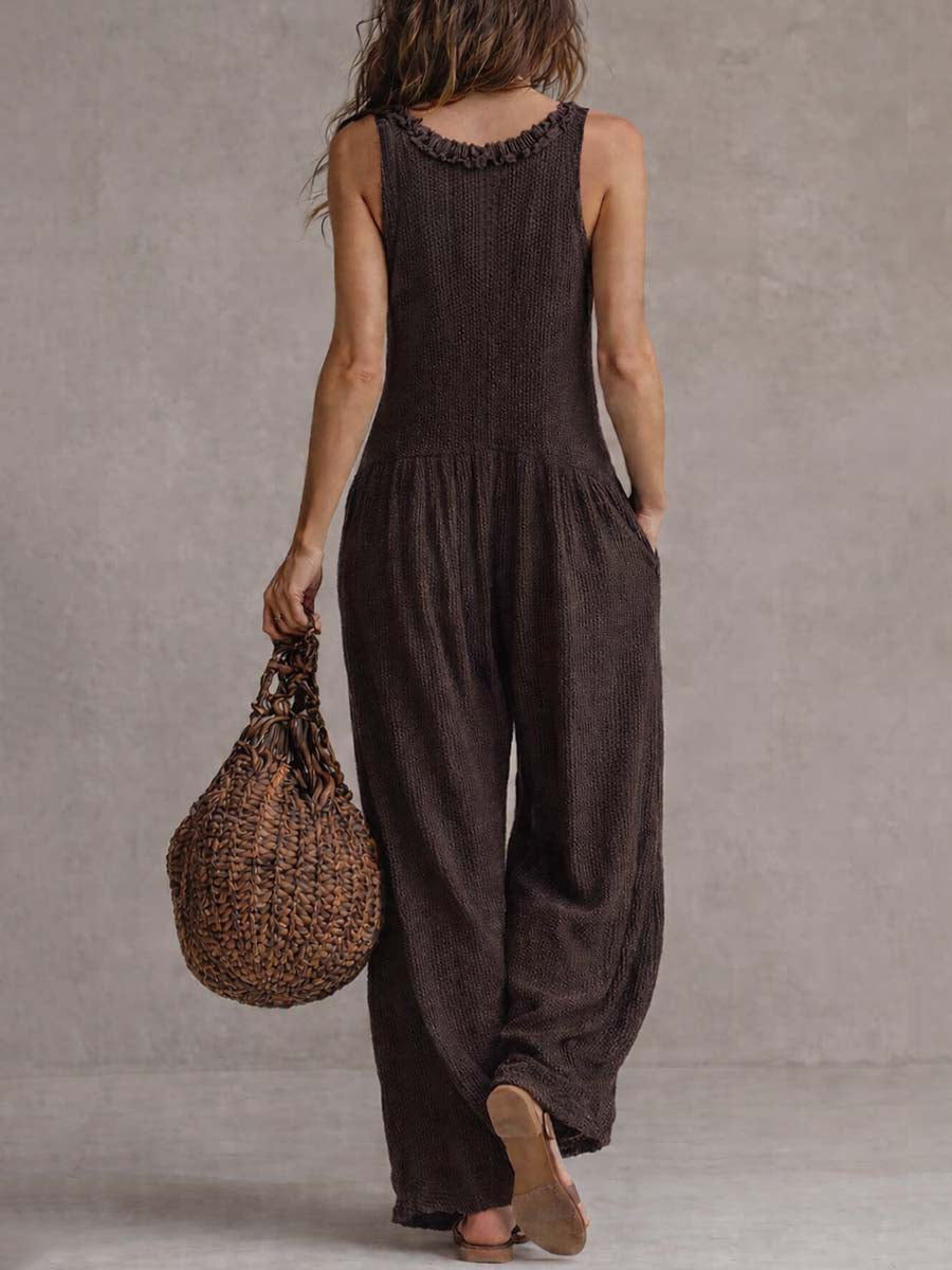 Retro Ruffled V-neck Wide-leg Jumpsuit