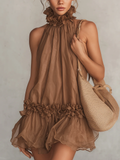 Brown Chiffon Halter Neck Ruffled Sleeveless Mini Dress