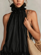 Black Chiffon Halter Neck Ruffled Sleeveless Mini Dress