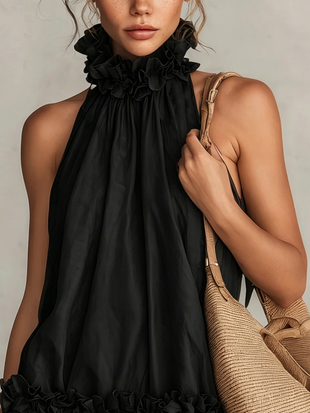 Black Chiffon Halter Neck Ruffled Sleeveless Mini Dress
