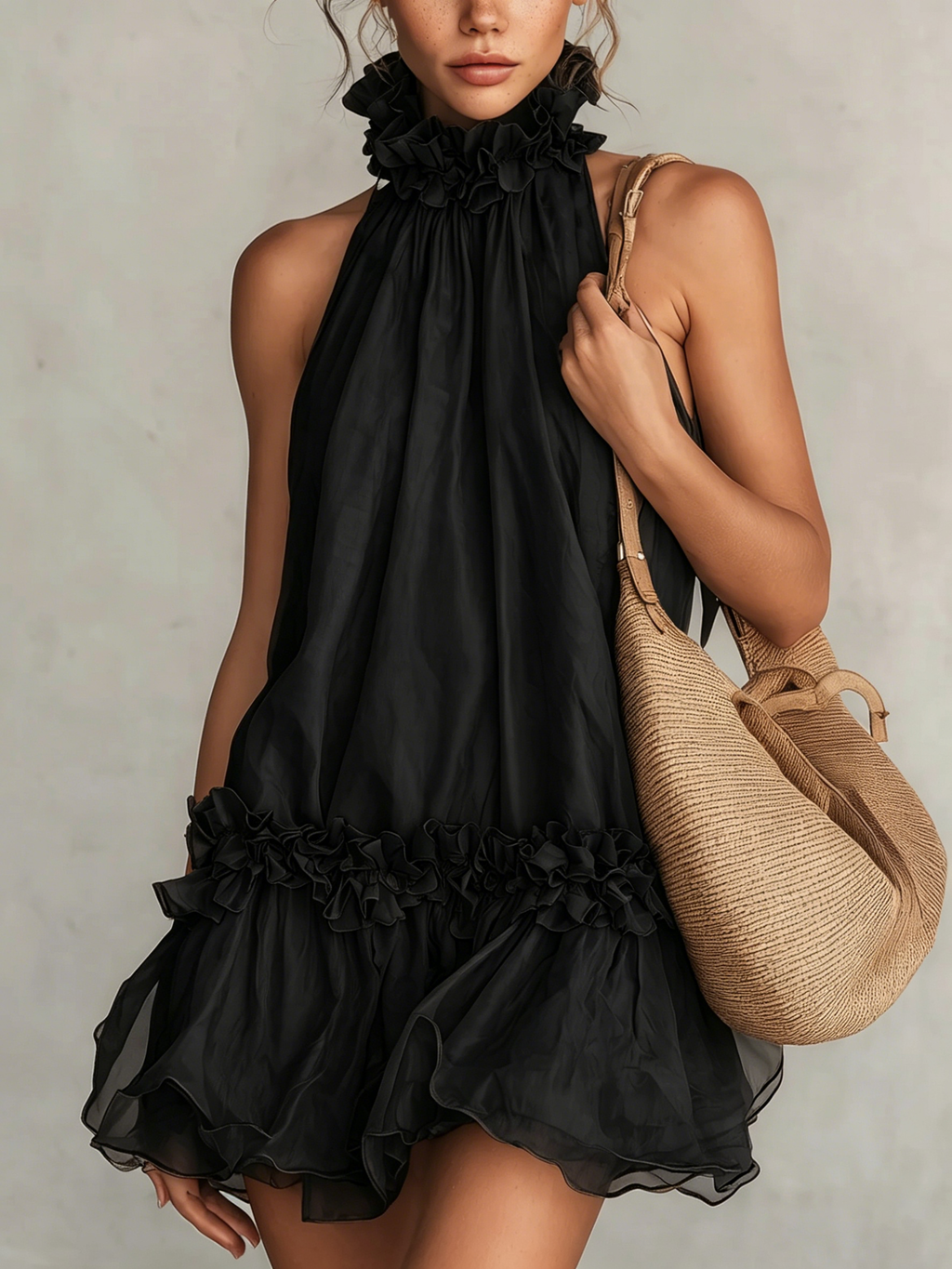 Black Chiffon Halter Neck Ruffled Sleeveless Mini Dress
