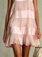 Light Pink Layered Pleated Chiffon Satin Patchwork Mini Dress