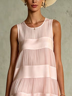 Light Pink Layered Pleated Chiffon Satin Patchwork Mini Dress