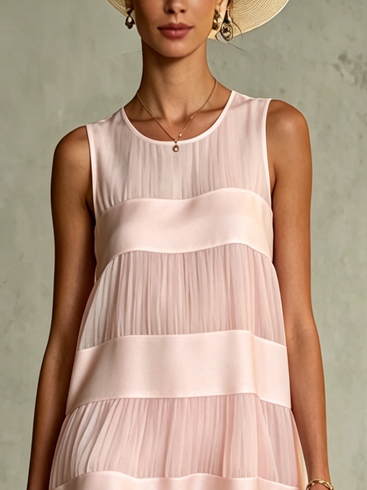 Light Pink Layered Pleated Chiffon Satin Patchwork Mini Dress
