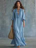 Soft Sky Blue Bohemian Ruffled Maxi Dress