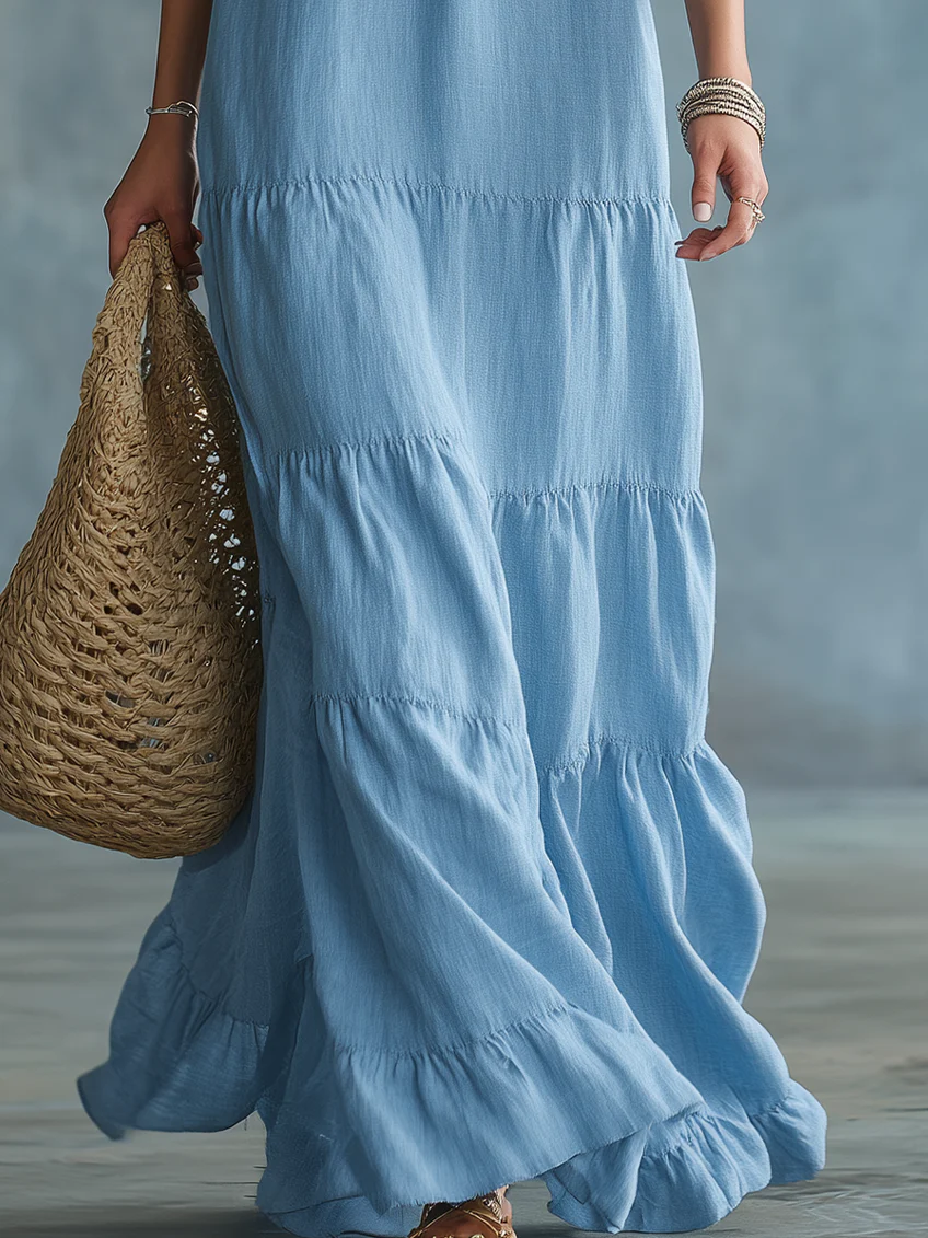 Soft Sky Blue Bohemian Ruffled Maxi Dress