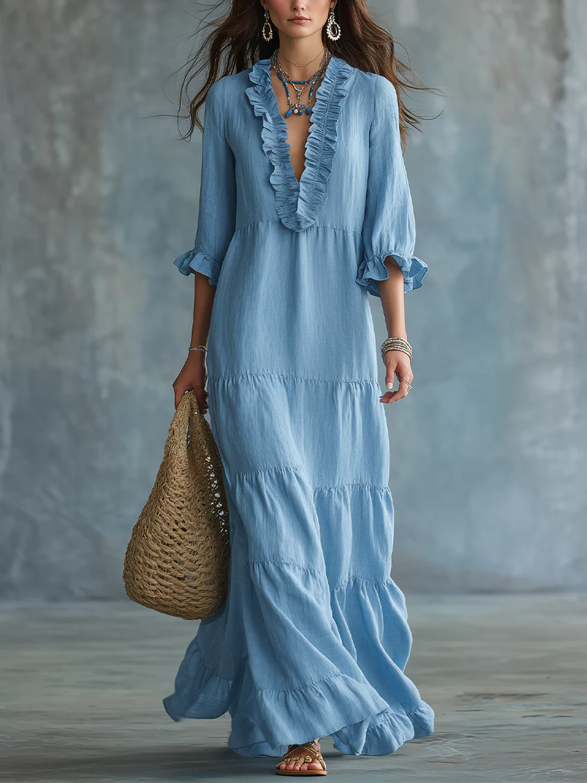 Soft Sky Blue Bohemian Ruffled Maxi Dress