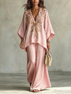Light Pink Embroidered Batwing Sleeve Shirt And Wide-leg Pants Two-piece Set