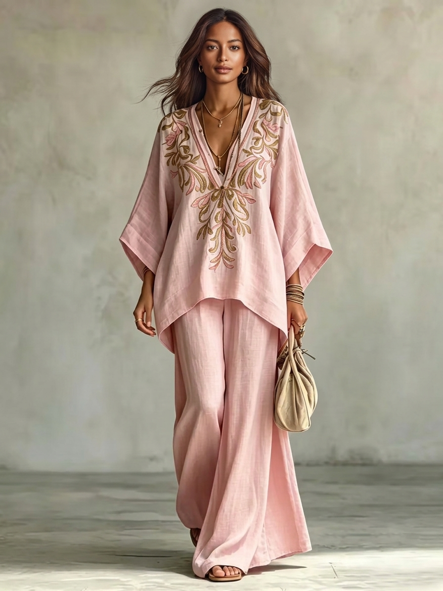 Light Pink Embroidered Batwing Sleeve Shirt And Wide-leg Pants Two-piece Set