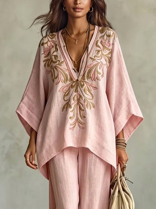 Light Pink Embroidered Batwing Sleeve Shirt And Wide-leg Pants Two-piece Set