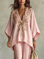 Light Pink Embroidered Batwing Sleeve Shirt And Wide-leg Pants Two-piece Set