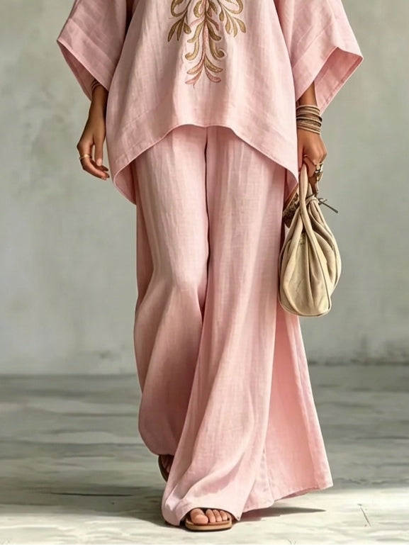 Light Pink Embroidered Batwing Sleeve Shirt And Wide-leg Pants Two-piece Set