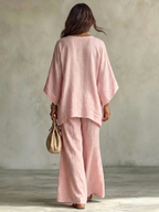 Light Pink Embroidered Batwing Sleeve Shirt And Wide-leg Pants Two-piece Set