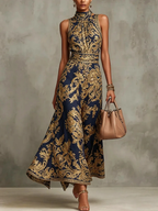 Navy Blue And Gold Baroque Print Halter Neck Sleeveless Maxi Dress