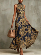 Navy Blue And Gold Baroque Print Halter Neck Sleeveless Maxi Dress
