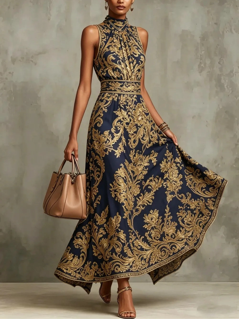 Navy Blue And Gold Baroque Print Halter Neck Sleeveless Maxi Dress