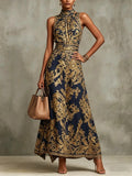 Navy Blue And Gold Baroque Print Halter Neck Sleeveless Maxi Dress