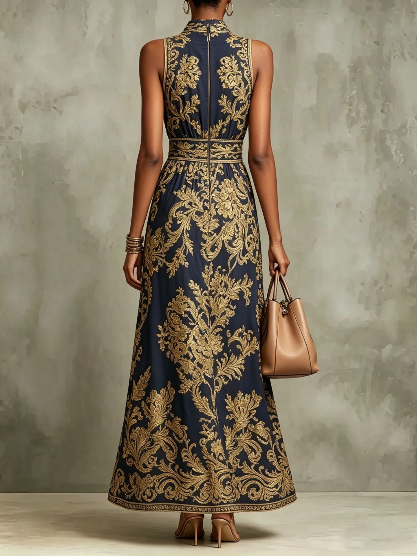 Navy Blue And Gold Baroque Print Halter Neck Sleeveless Maxi Dress