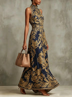 Navy Blue And Gold Baroque Print Halter Neck Sleeveless Maxi Dress