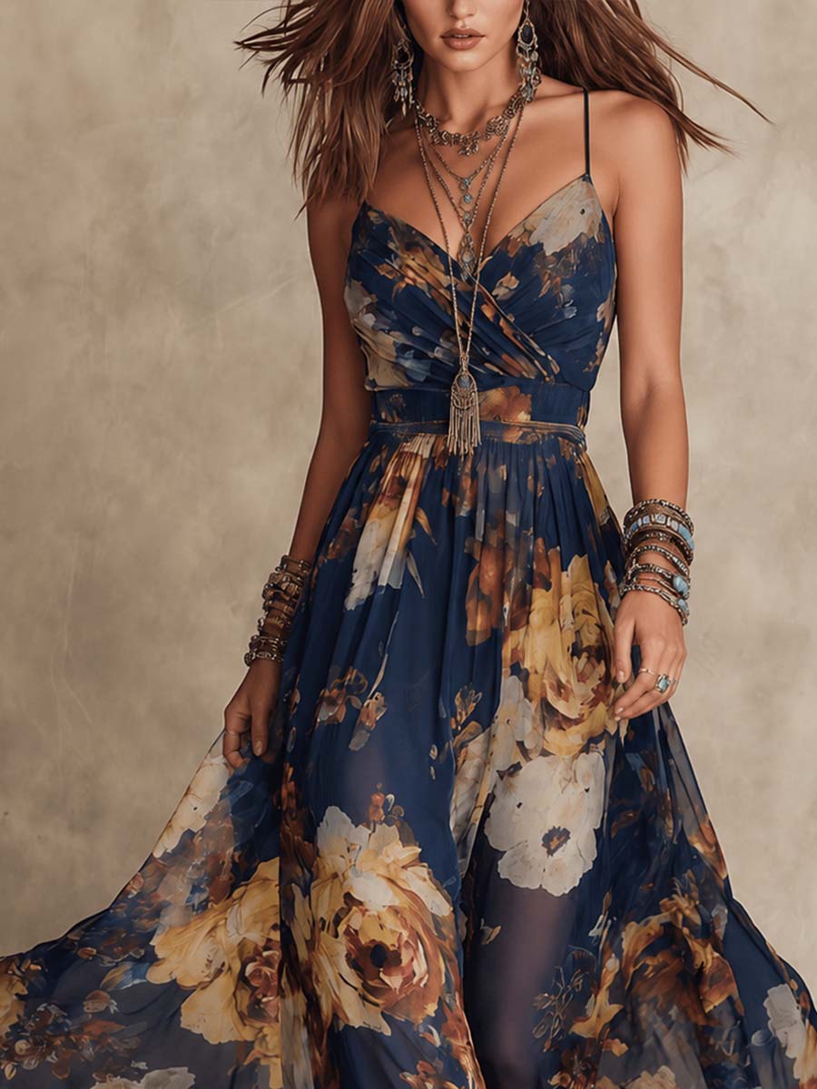 Navy Blue Chiffon Floral Print Spaghetti Strap Maxi Dress