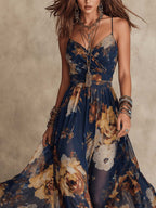 Navy Blue Chiffon Floral Print Spaghetti Strap Maxi Dress