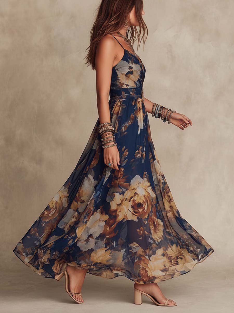 Navy Blue Chiffon Floral Print Spaghetti Strap Maxi Dress