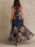 Navy Blue Chiffon Floral Print Spaghetti Strap Maxi Dress