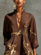 Chocolate Brown Gold Printed V-neck Crochet Lace Mini Dress