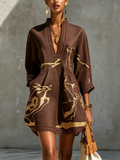 Chocolate Brown Gold Printed V-neck Crochet Lace Mini Dress