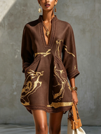 Chocolate Brown Gold Printed V-neck Crochet Lace Mini Dress