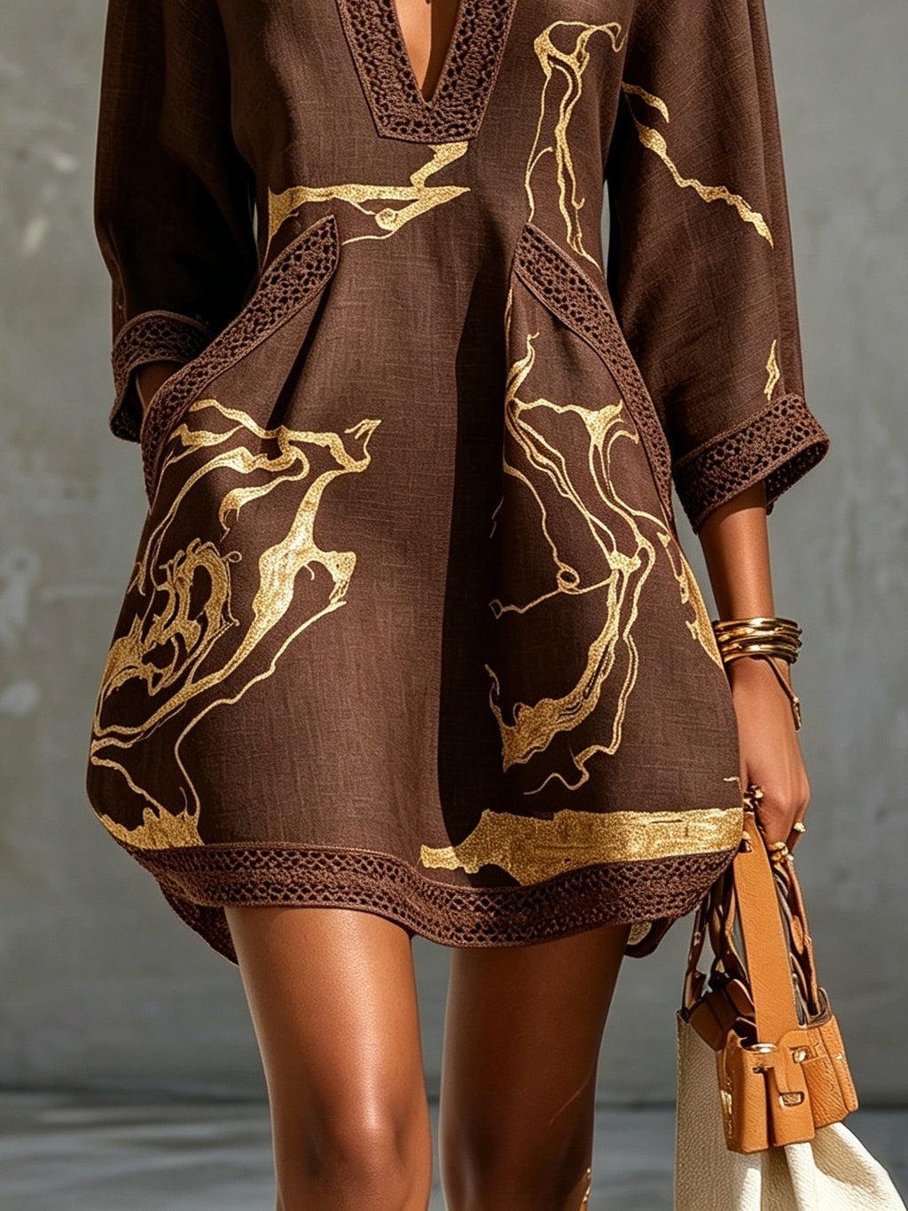 Chocolate Brown Gold Printed V-neck Crochet Lace Mini Dress