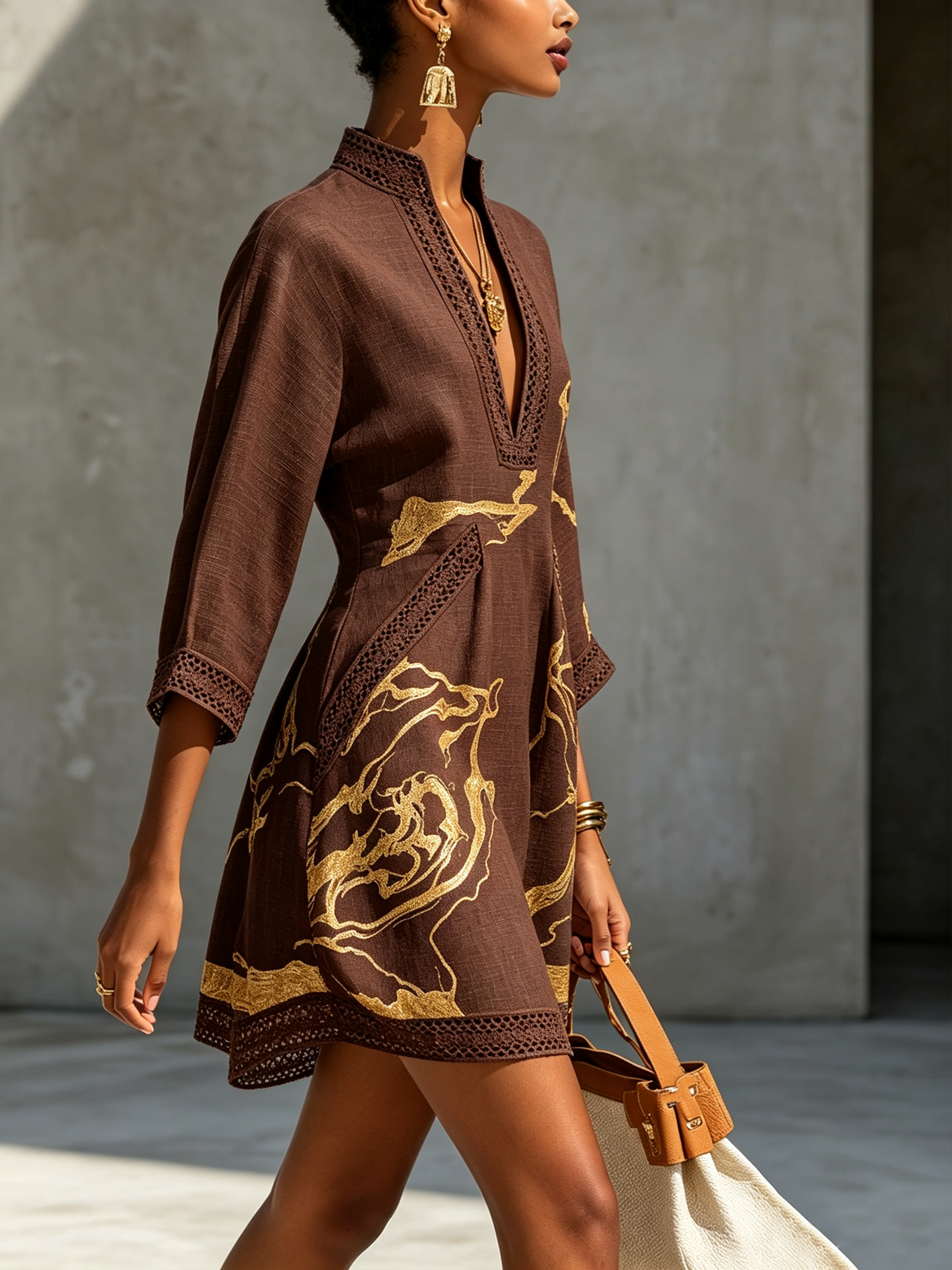 Chocolate Brown Gold Printed V-neck Crochet Lace Mini Dress