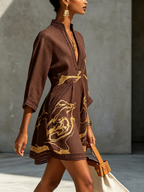 Black Gold Printed V-neck Crochet Lace Mini Dress