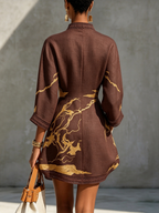 Chocolate Brown Gold Printed V-neck Crochet Lace Mini Dress