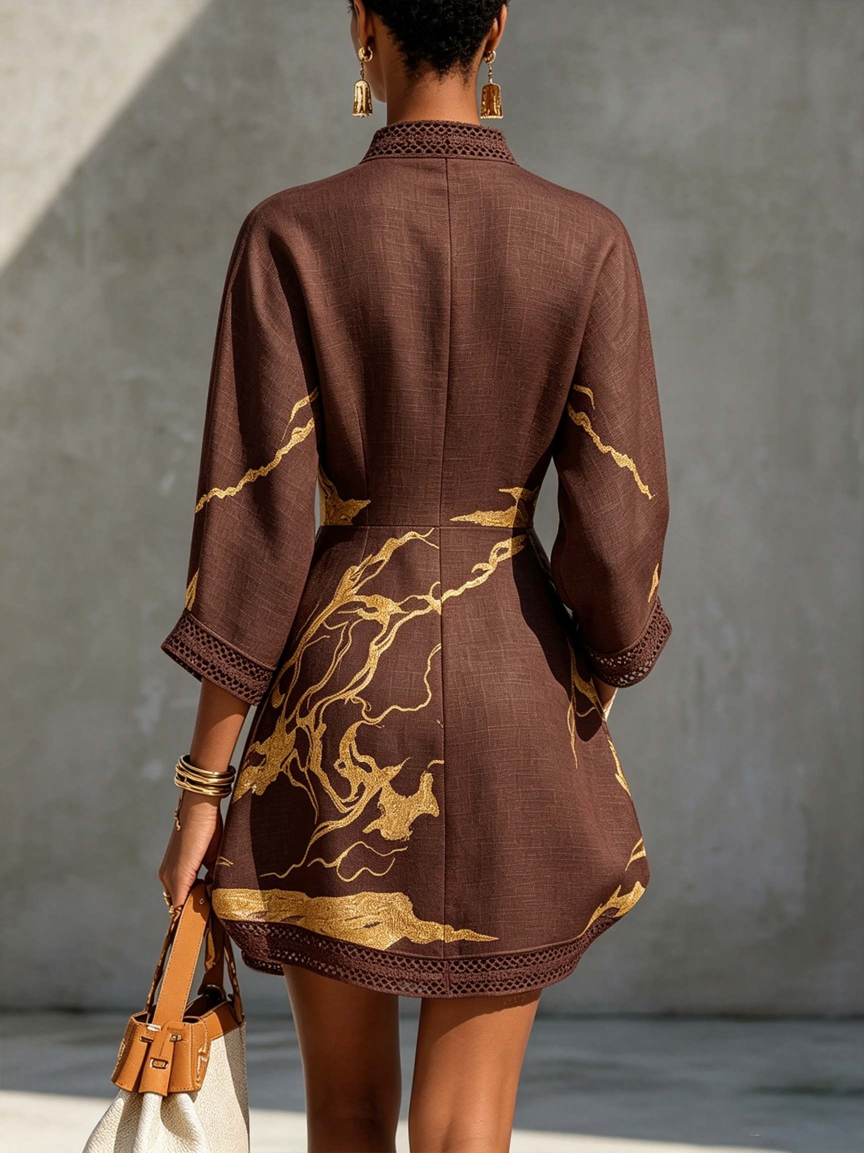 Chocolate Brown Gold Printed V-neck Crochet Lace Mini Dress