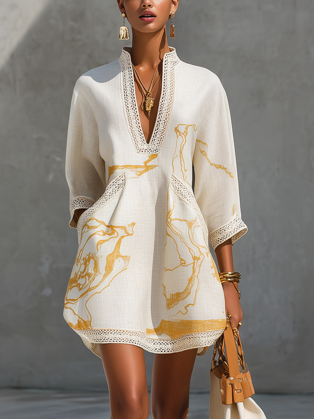 Ivory Gold Printed V-neck Crochet Lace Mini Dress