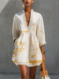 Ivory Gold Printed V-neck Crochet Lace Mini Dress