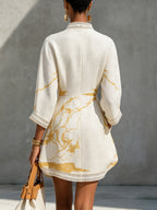 Ivory Gold Printed V-neck Crochet Lace Mini Dress