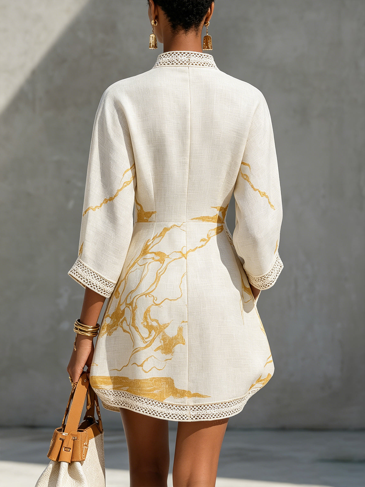 Ivory Gold Printed V-neck Crochet Lace Mini Dress