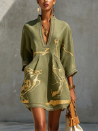 Olive Green Gold Printed V-neck Crochet Lace Mini Dress