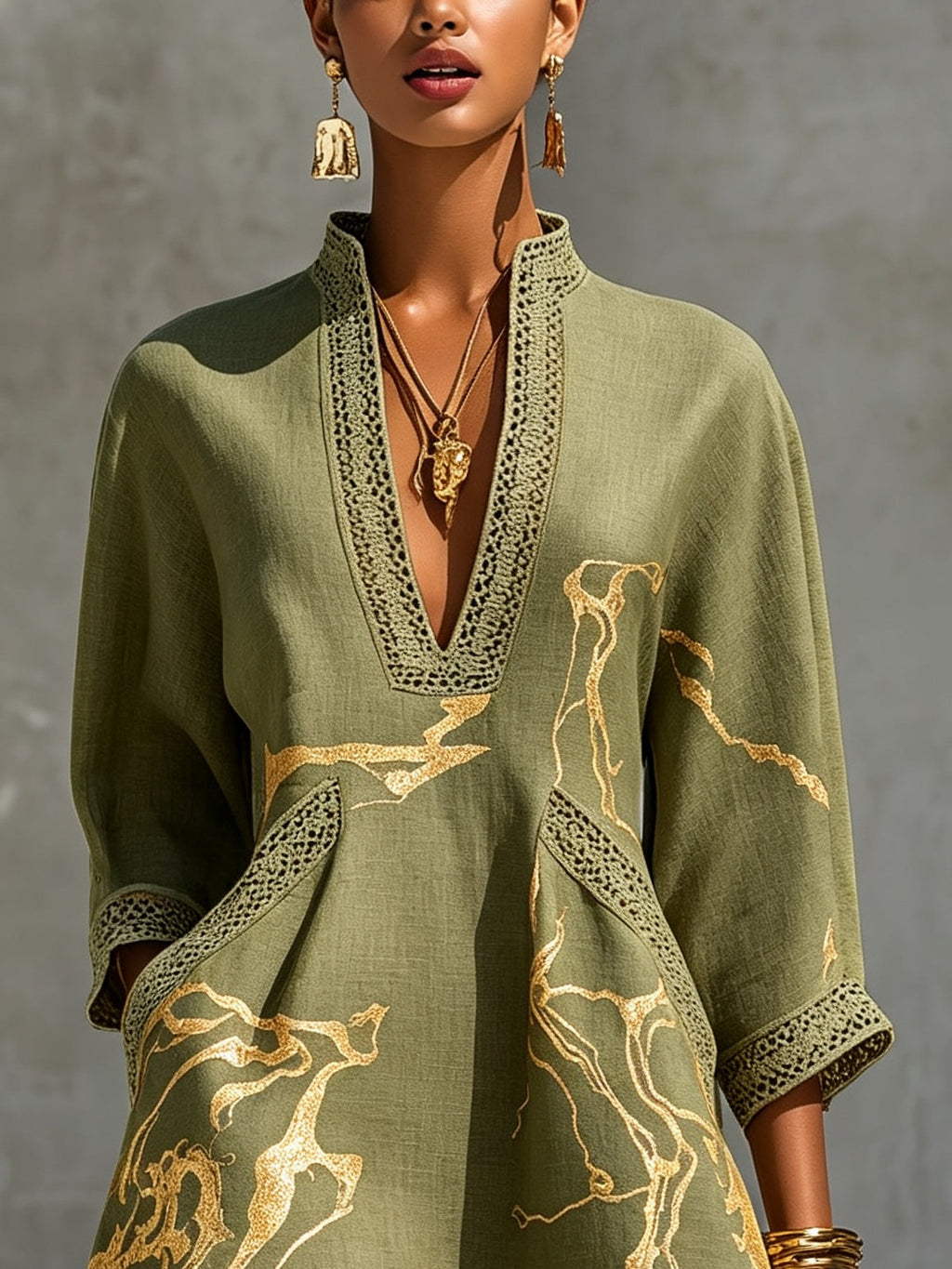 Olive Green Gold Printed V-neck Crochet Lace Mini Dress