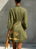 Olive Green Gold Printed V-neck Crochet Lace Mini Dress