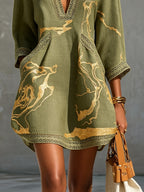 Olive Green Gold Printed V-neck Crochet Lace Mini Dress