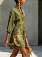 Olive Green Gold Printed V-neck Crochet Lace Mini Dress