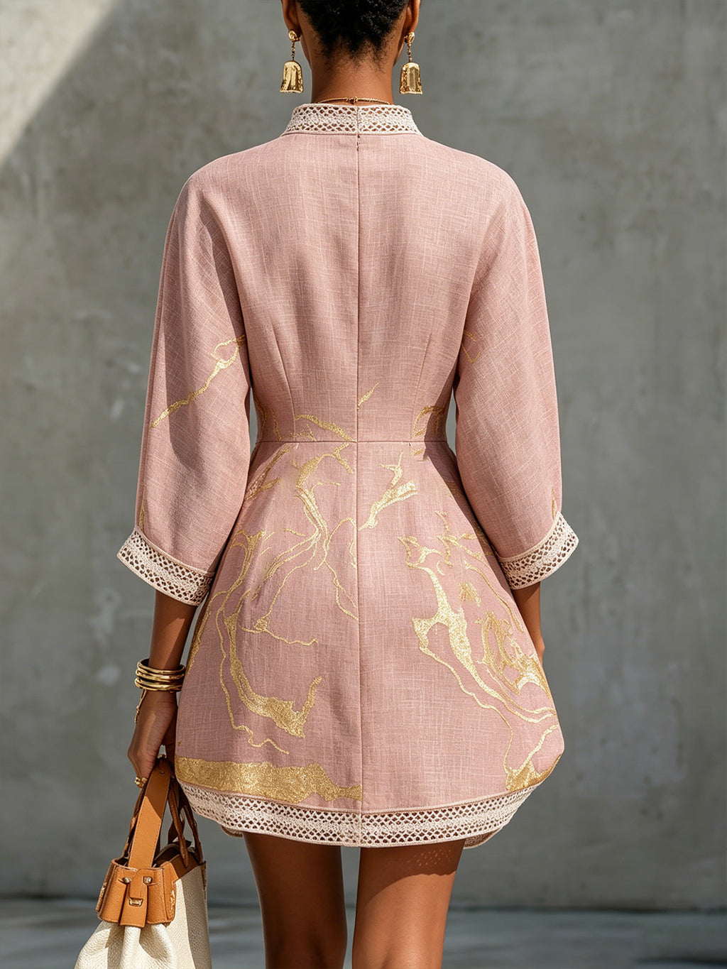 Pink Gold Printed V-neck Crochet Lace Mini Dress