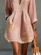 Pink Gold Printed V-neck Crochet Lace Mini Dress